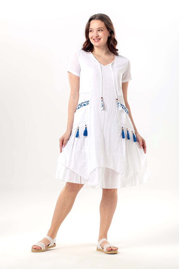 Short Sleeve Nile Voile Knee Length Double Pocket Embroidered Summer Dress White Byz