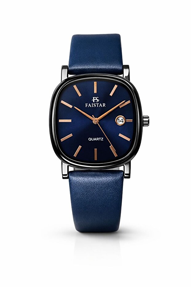 FAISTAR Azure Classic Men’s Watch Blue Dial Leather Strap Stainless Steel Case Date Display Analog