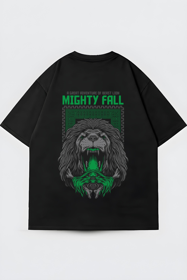 Unisex Black Oversize Mighty Fall Lion Printed Crew Neck T-Shirt