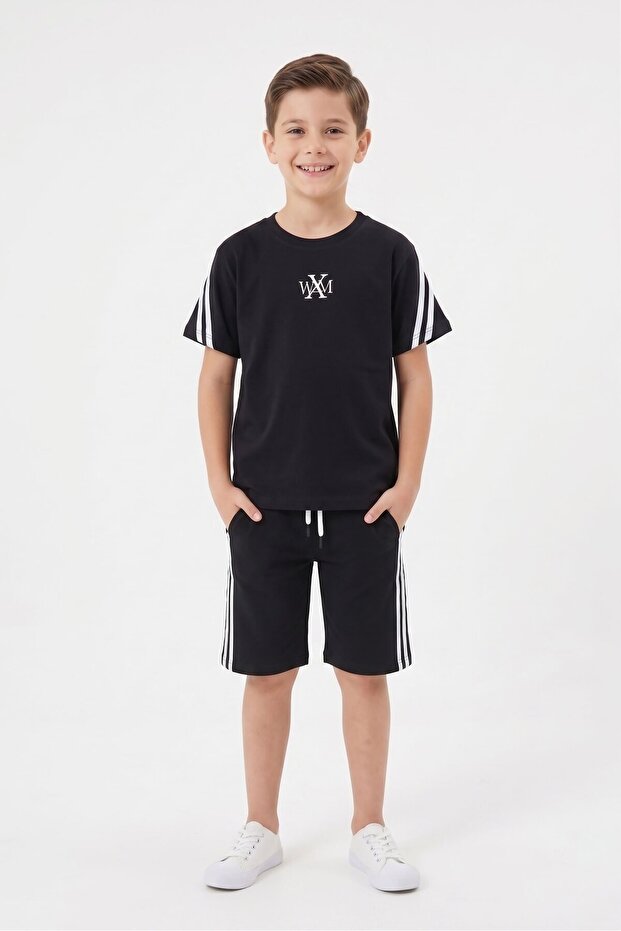 Boys' Set with Black Logo T-Shirt and Stripe Detailed Shorts 23811