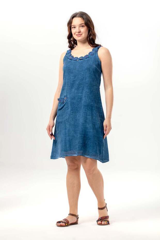 Sleeveless Monika Daisy Embroidered Pocketed Short Poplin Dress Indigo Indg