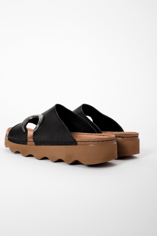 Mimosa Women's Genuine Leather Anthracite Buckle Detailed Slippers B4537