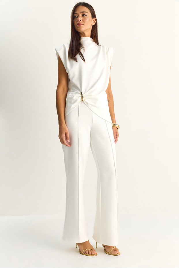 Women's White Accessory Detailed Padded Blouse High Waist Ribbed Trousers Set 60627 60286092