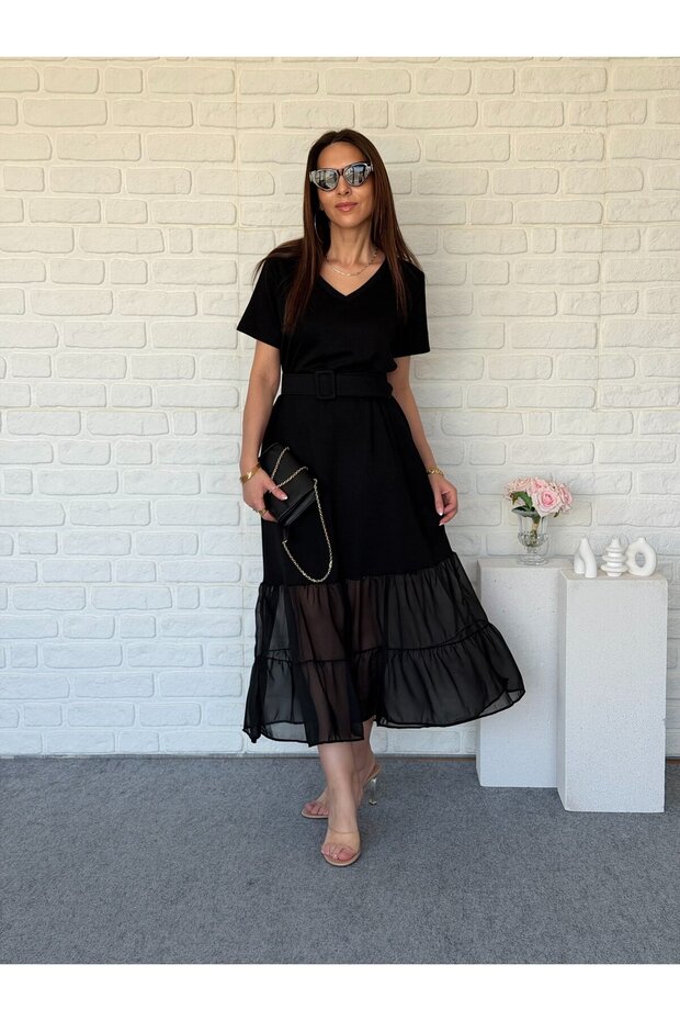 Chiffon Detailed Belted Modal Dress Black