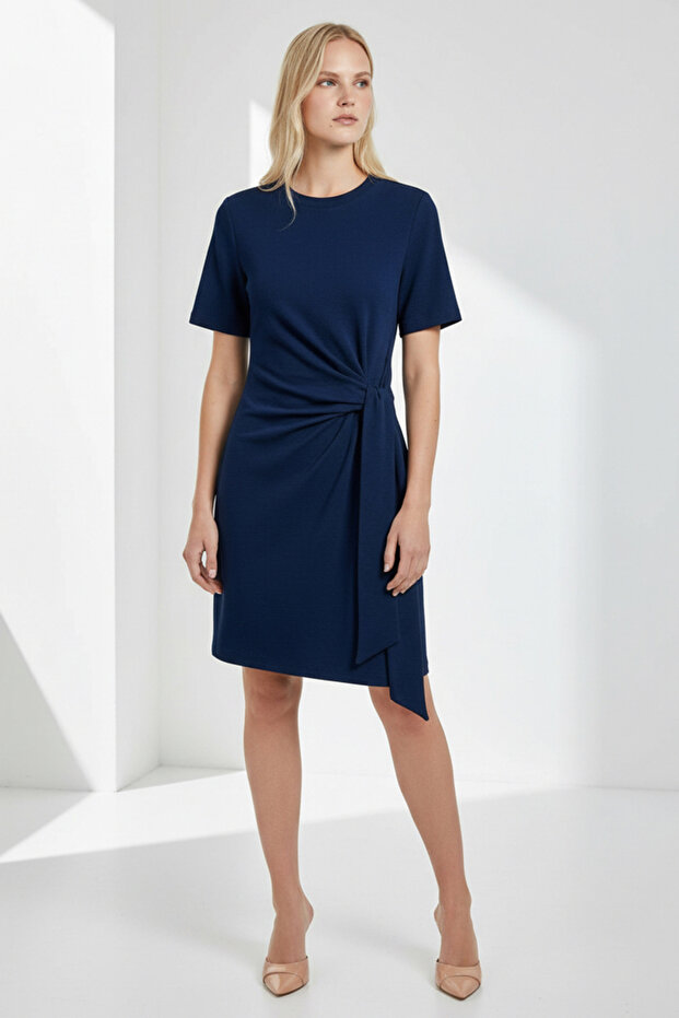Crew Neck Waist-Tied Mini Regular Navy Blue Knitted Dress