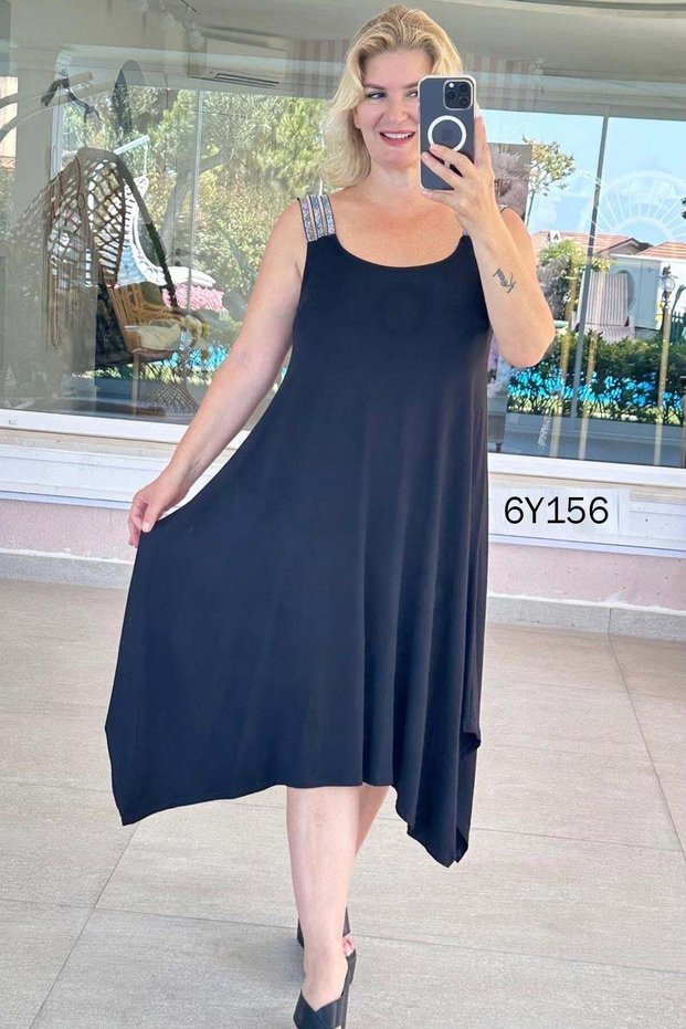Stone Detailed Asymmetrical Dress with Straps 6Y156