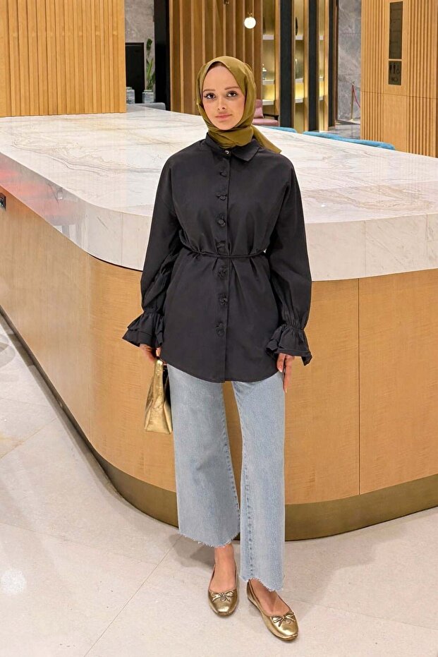 Ruffled Tie Detail Shirt Black