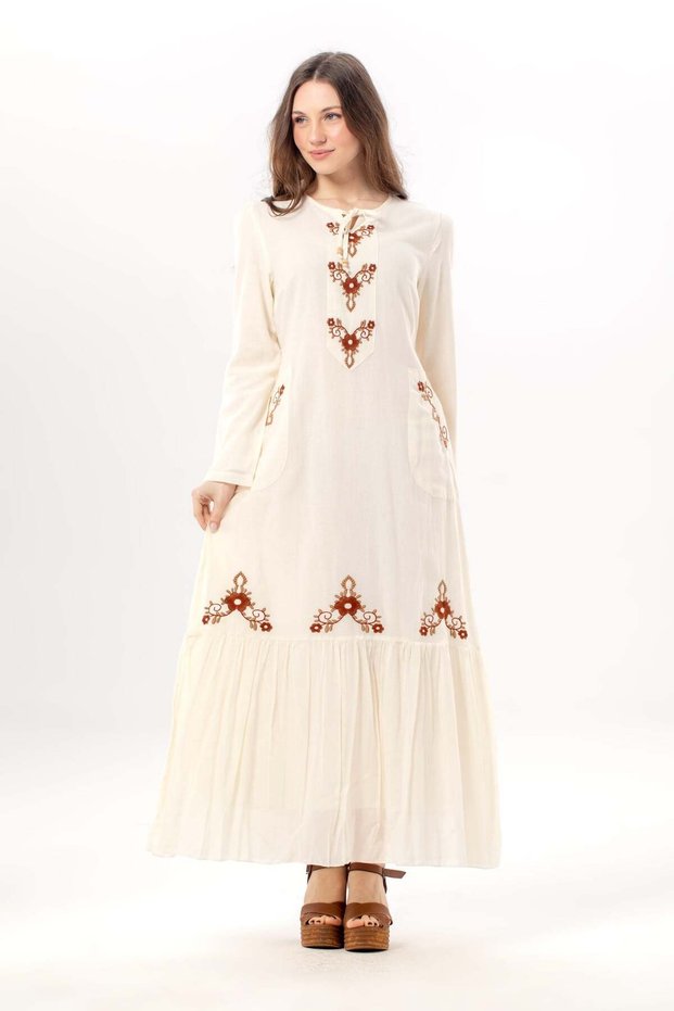 Long Sleeve Zühre Embroidery Detailed Lace Collar Pocketed Voile Long Dress Cream Krm