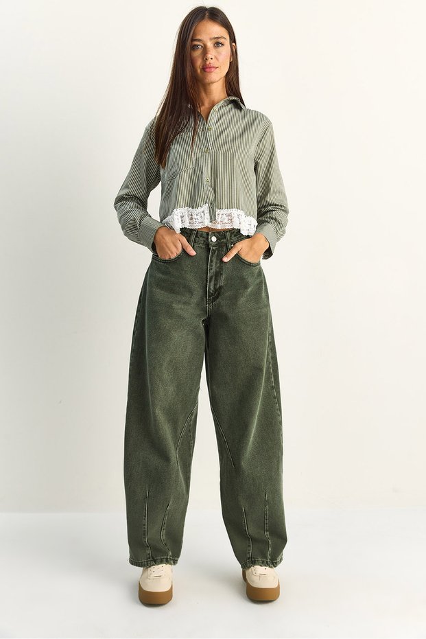 Women's Khaki Vintage Washed Baggy Cut Comfortable Fit Denim Trousers 703 60286060