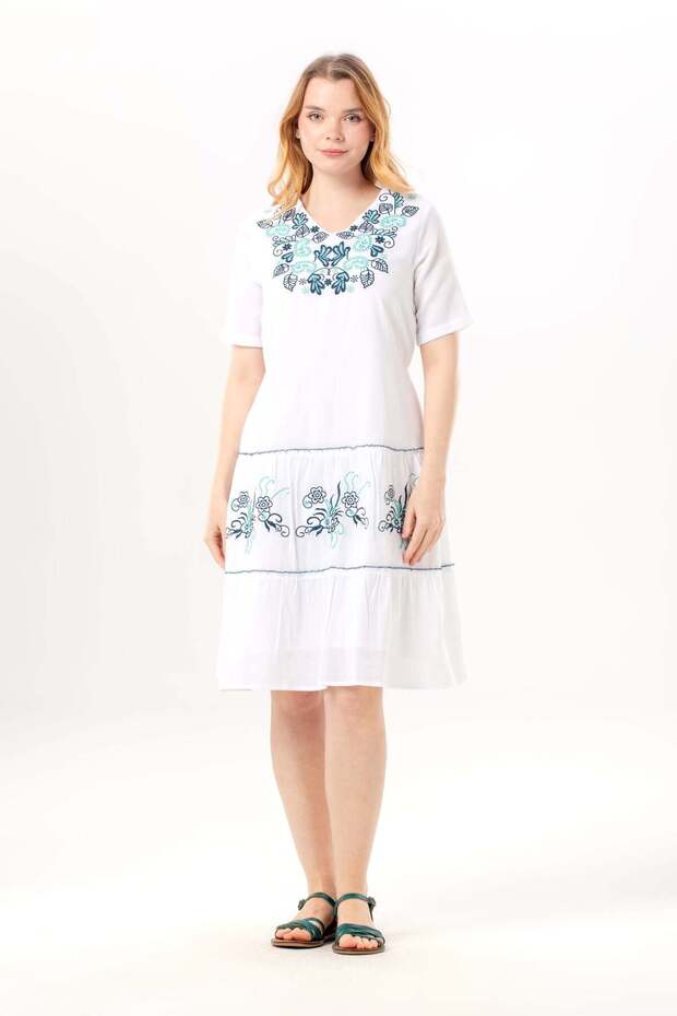Short Sleeve V-Neck Venice Embroidered Şile Fabric Authentic Summer Short Dress White Byz
