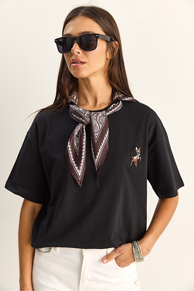 Women's Black Ceylan Embroidered Scarf Basic Casual T-Shirt 7517 60283977