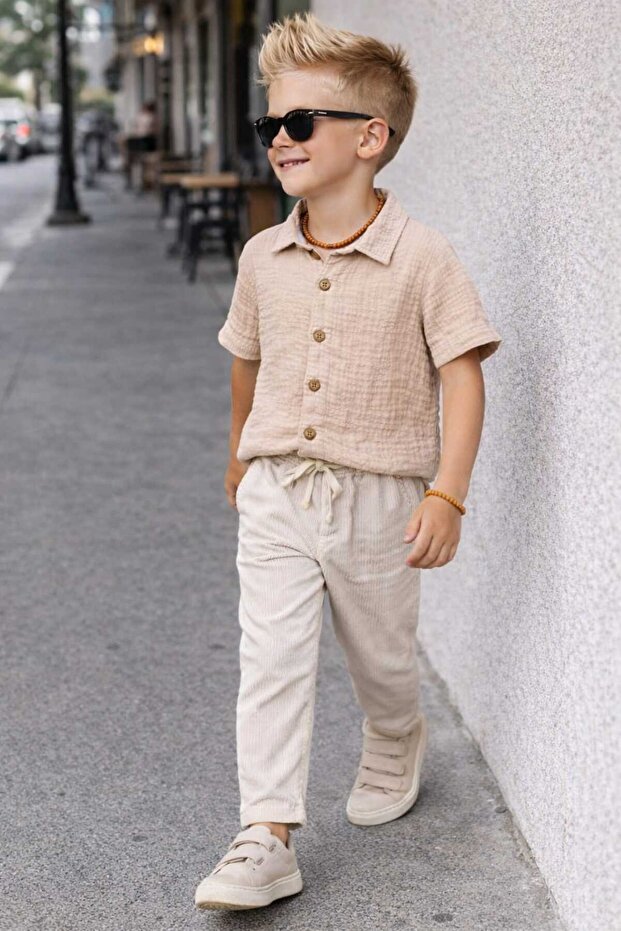 Boys' Striped Cotton Pants and Muslin Shirt Set of 2
