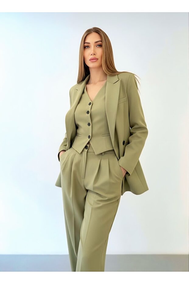 Limited Edition Women's Jacket Vest Palazzo Trousers Light Khaki 3-Piece Set – Office & Stylish Combination