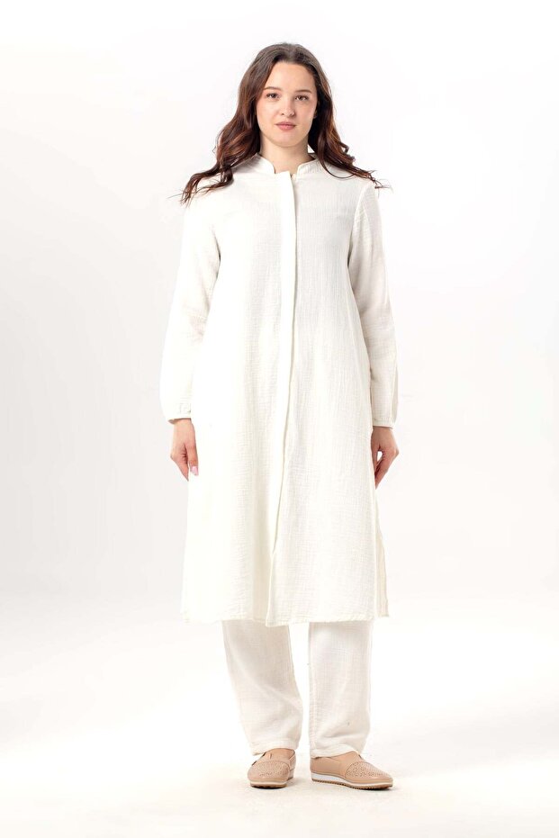 Long Sleeve Yaren Hakim Collar Summer Muslin Tunic Off-White Krkbyz