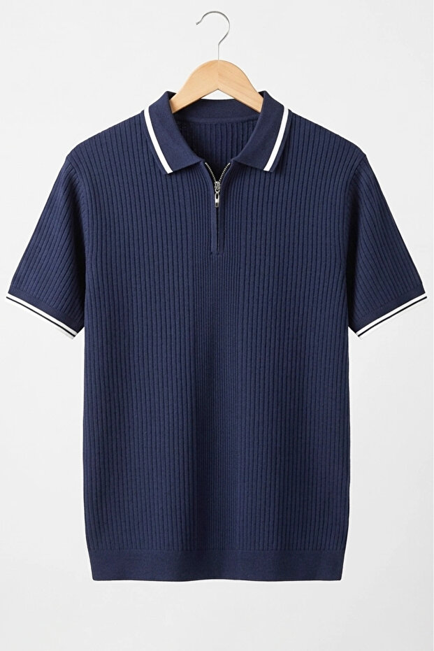 Men's Polo Collar Striped T-Shirt Navy Blue Cd177