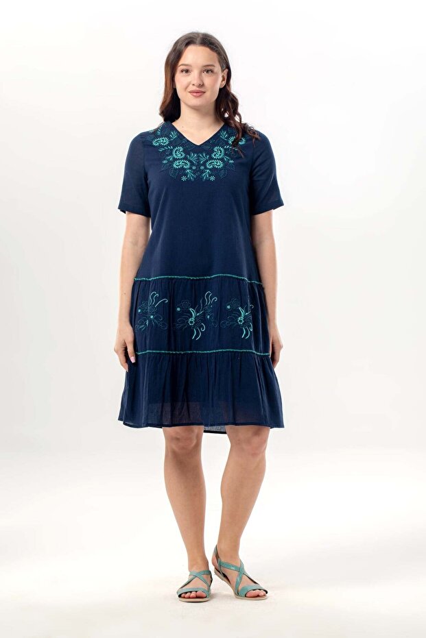 Short Sleeve V-Neck Venice Embroidered Shile Fabric Authentic Summer Short Dress Navy Blue Lcvt