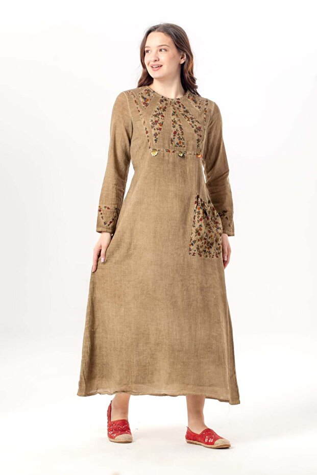 Long Sleeve Sultan Single Pocket Summer Long Poplin Dress Earth Tprk