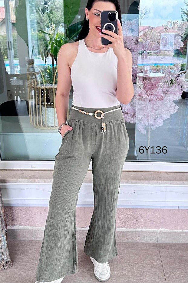 Rope Belt Beaded Linen Trousers 6Y136