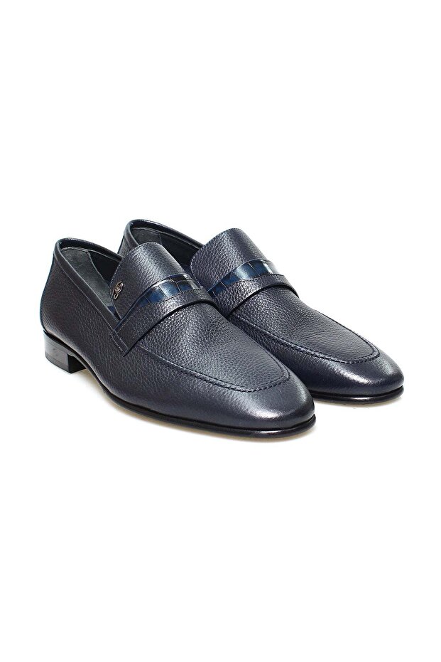 Dark Blue Color Laceless Genuine Leather Leather Sole Men's Shoes