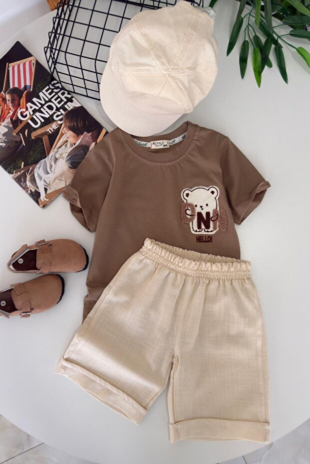 My Little One's Clothes (6-9 Years Old) Panç Teddy Bear Detailed Embroidery Boys' 3-Piece Set with Hat - Brown