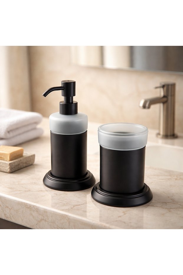 Black Soap Dispenser and Toothbrush Holder Retro Vintage Design Bathroom Liquid Soap Dispenser and Toothbrush Holder Brass Material