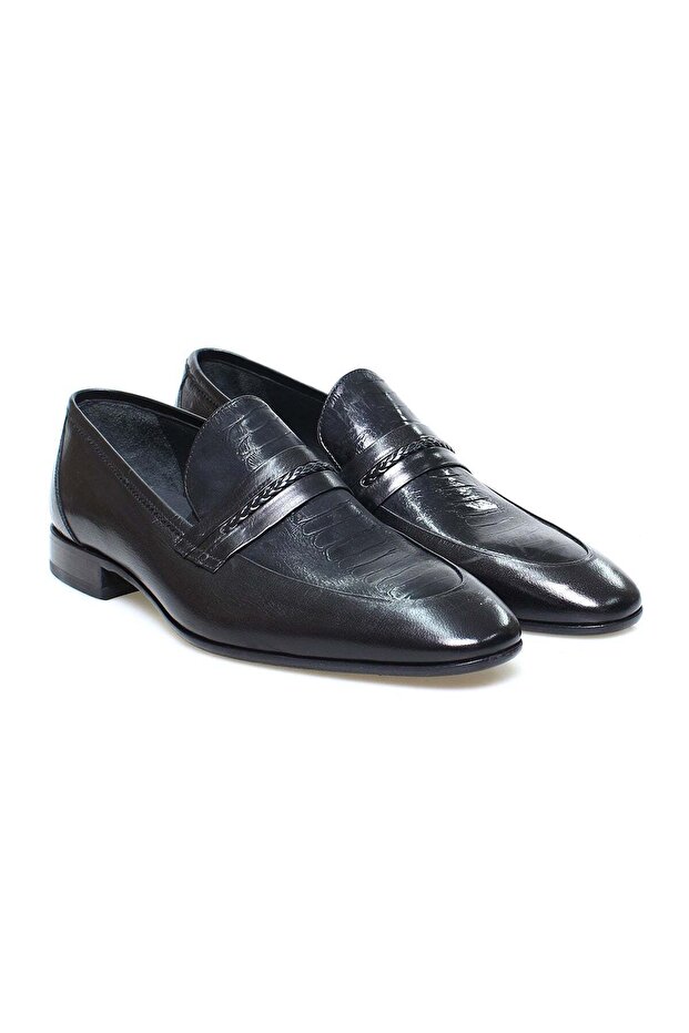 Black Color Laceless Genuine Leather Men's Shoes
