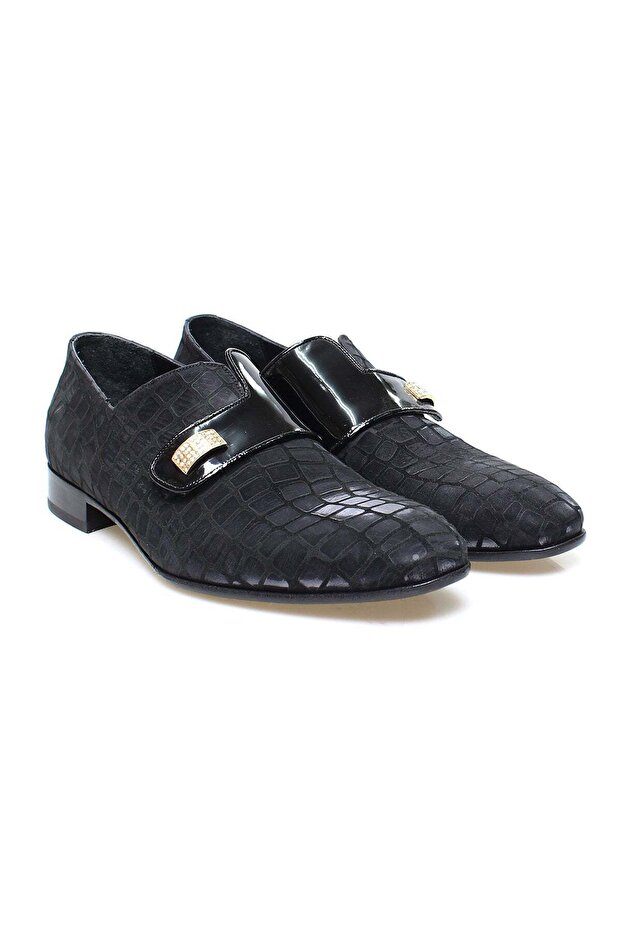 Black Color Laceless Genuine Leather Suede Men's Shoes