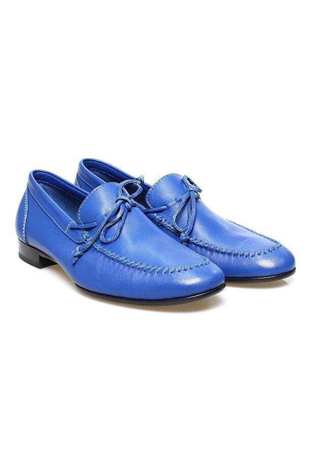 Blue Color Laceless Genuine Leather Men's Shoes