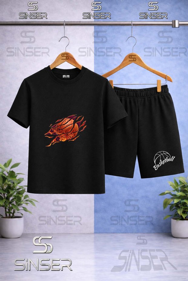 Children's Flame Basketball Printed Crew Neck T-Shirt - Shorts Set