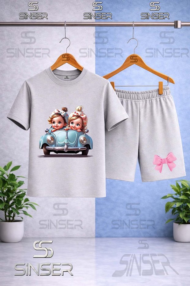 Children's Car 2Li Girl Cute Printed Crew Neck T-Shirt - Shorts Set