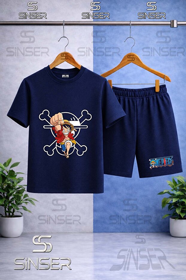 Children's Anime One Piece Carpi Printed Crew Neck T-Shirt - Shorts Set
