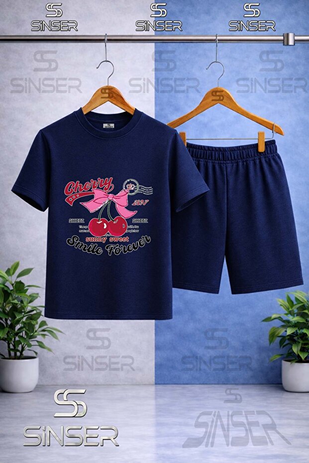 Kids' Cherry Smile Forever Printed Crew Neck T-Shirt - Shorts Set
