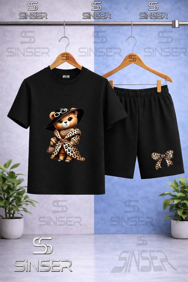 Children's Bear Leopard Fur Printed Crew Neck T-Shirt - Shorts Set