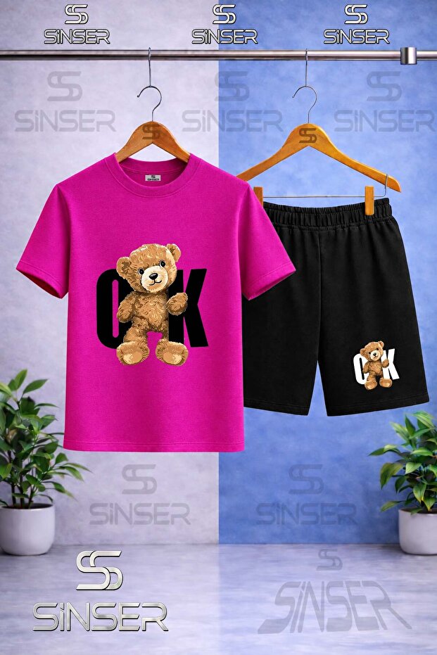 Children's Bearish Ok Black Printed Crew Neck T-Shirt - Shorts Set