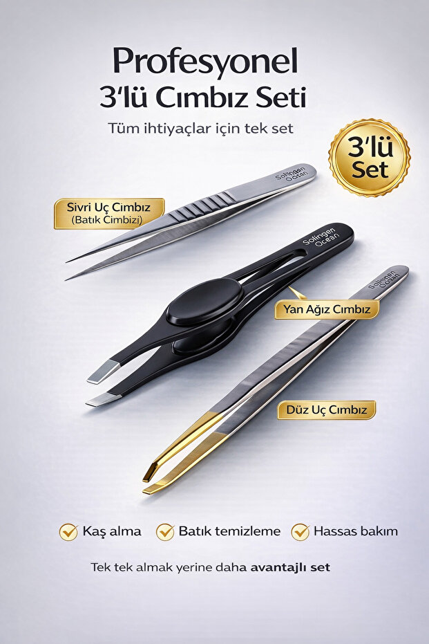 Solingen 3’lü Cımbız Seti Yan Ağız Düz Uç Sivri Uç (Batık) Profesyonel Paslanmaz Çelik