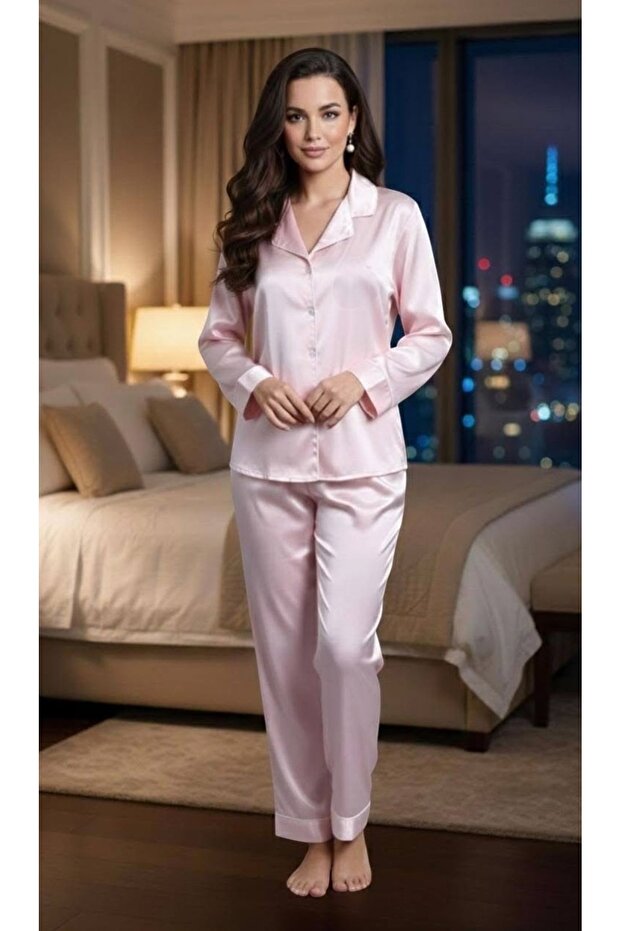Silky Satin Women's Pajama Set Solid Pink Patterned Pajama Set