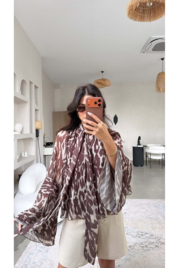 Brown Soft Leopard Chiffon Blouse