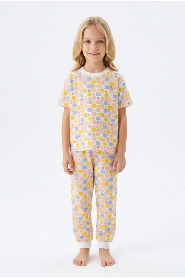 Short Sleeve Colorful Checkered Floral Patterned Girls' Pajama Set - 100% Cotton Sleepwear Set