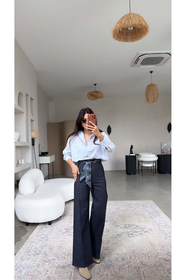 Navy Blue Scarf Belted Denim Stitched Trousers
