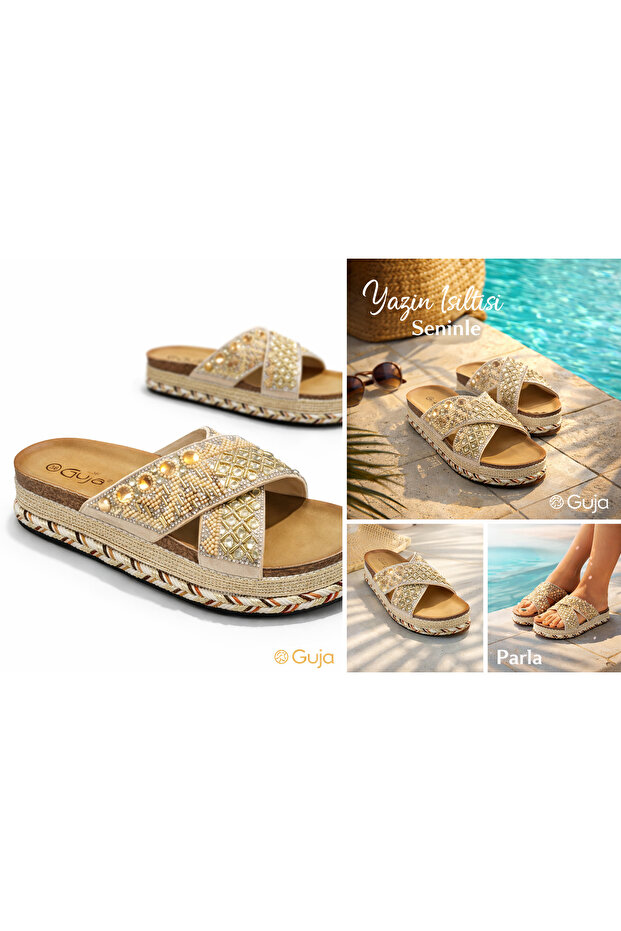26Y222 Cross-Stoned Cork Slippers