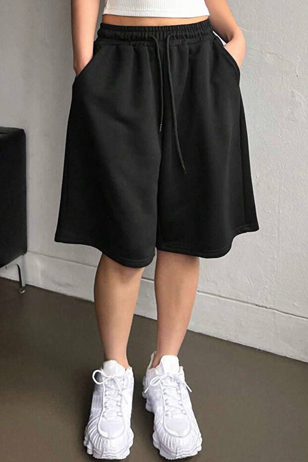 Elas Black Loose Fit Comfortable Cut Lace-Up Baggy Bermuda Shorts with Elastic Waist
