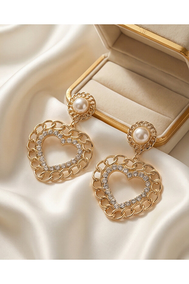 Gold pearl dangling heart earrings
