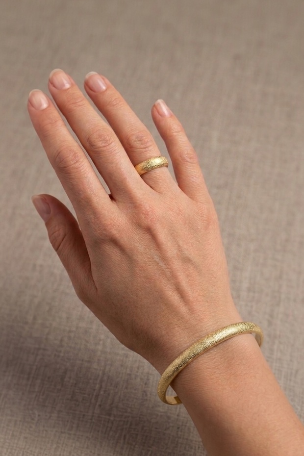 Handcrafted Sand Textured Pure Brass Bracelet and Ring Set - Handmade Brass Jewelry