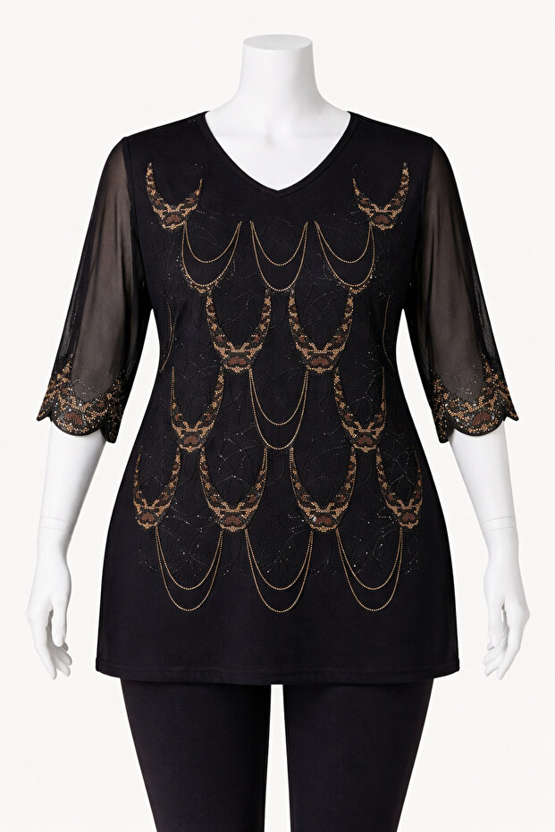 Women's 3/4 Sleeve Bronze Stone Embroidered Plus Size Luxury Mother's Combed Cotton