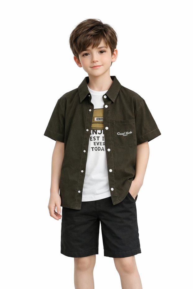 Boy's Snap Closure Parachute Fabric T-Shirt with Pockets Khaki Color Oversize Shirt T-Shirt Set