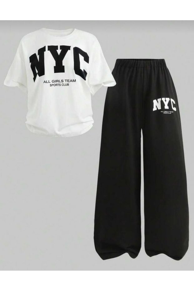 Summer Girl's Fabric Nyc Printed White T-Shirt with Loose Legs Bottom Black Set