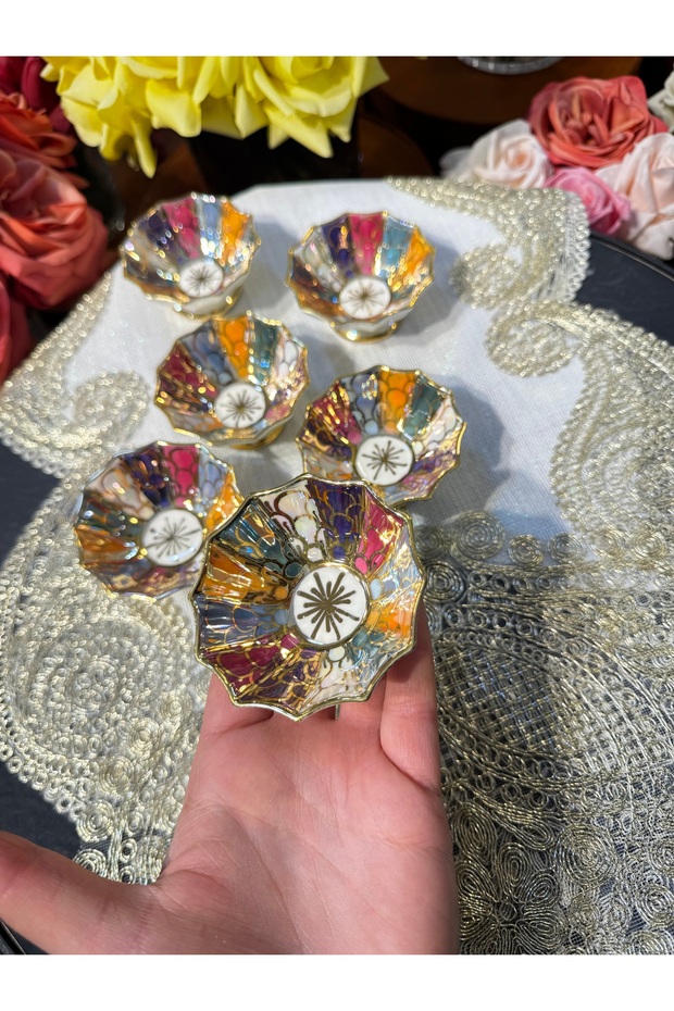 Esterhomedecor Set of 6 Hand-Painted Coffee Side Trays with Turkish Delight Holders