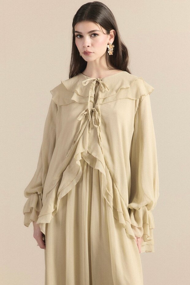 Imported Fabric Collar and Sleeve V Ruffled Chiffon Set