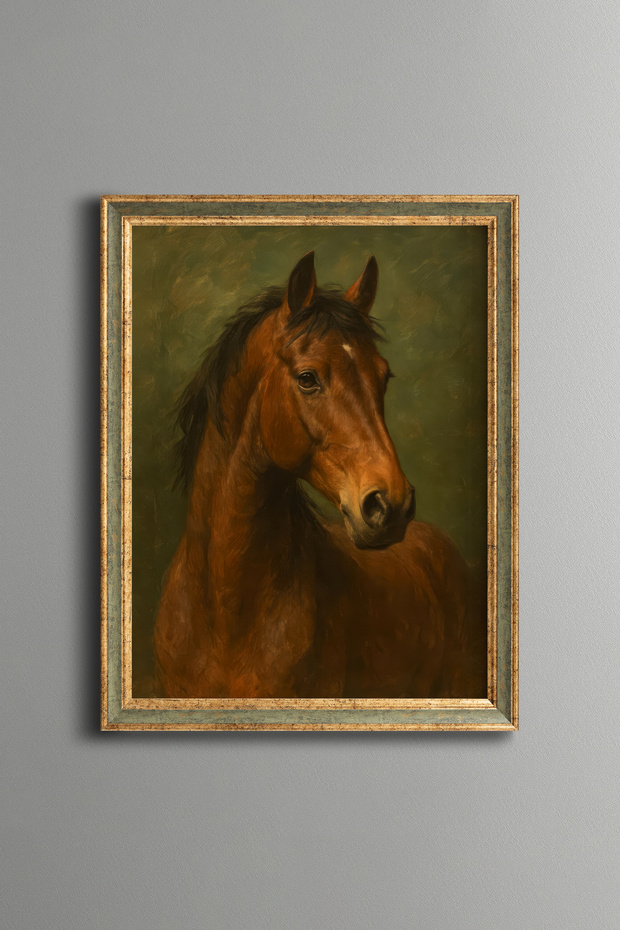 Horse Portrait – Vintage Patterned Frame – Slim Model
