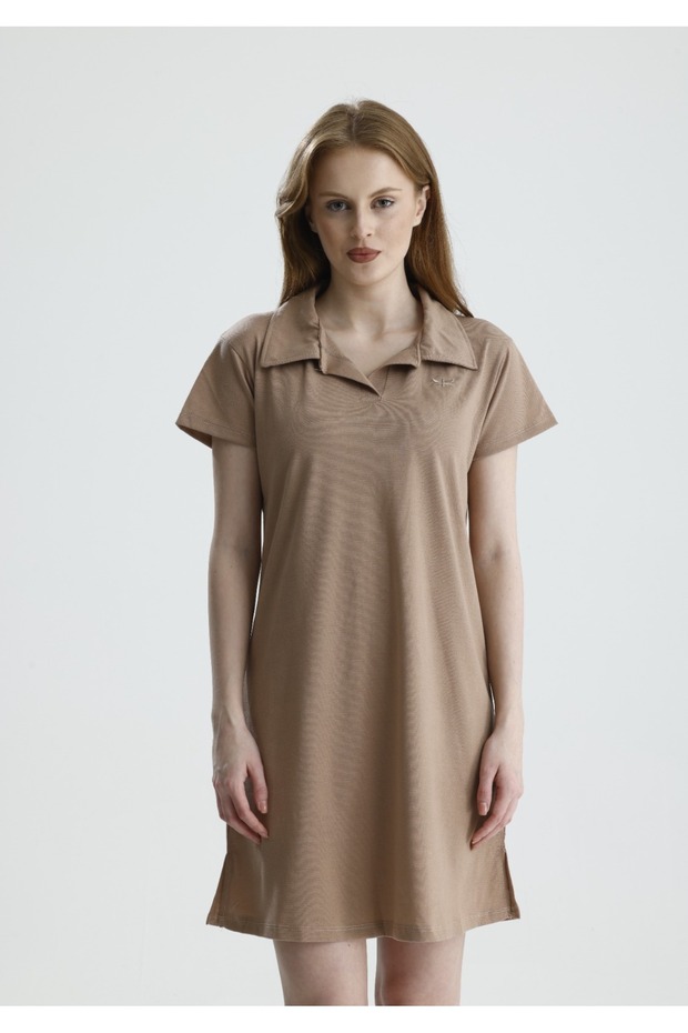Polo Collar A-Line Mini Dress Light Brown